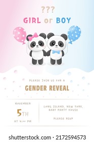 Vector gender reveal party invitation template with cute little panda boy and girl and pink and blue balloons.	
