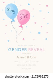 Vector gender reveal party invitation template with pink and blue balloons.