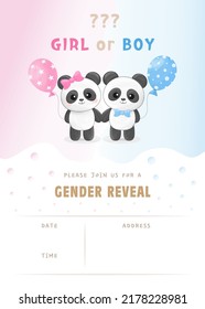 Vector gender reveal party invitation template with cute little panda boy and girl, pink and blue balloons, with gap for filling.	