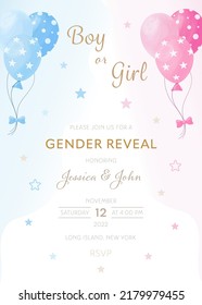 Vector gender reveal party invitation template with pink and blue balloons	
 - Shutterstock ID 2179979455