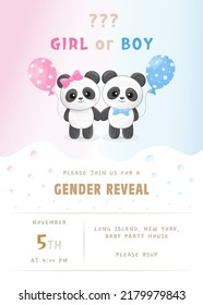 Vector gender reveal party invitation template with cute little panda boy and girl and pink and blue balloons.	
