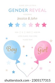 Vector gender reveal party invitation template with pink and blue balloons	