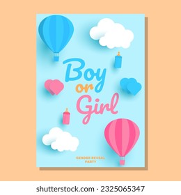 Vector gender reveal party invitation template with pink and blue balloons