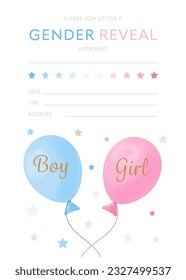 Vector gender reveal party invitation template with pink and blue balloons, with gap for filling	