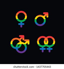 Vector gender symbol icons - black background with rainbow 