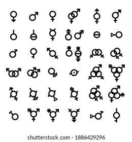 Vector Gender symbol set. Sexual human identity illustration. Bigender, agender, neutrois, asexual, lesbian, homosexual, bisexual sign orientation. LGBT pride. Black graphic icon collection isolated.