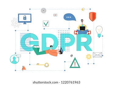 Vector general data protection regulation concept with male programmer sitting with legs crossed with laptop at huge job GDRP, developer man typing lying. Personal information, cyber security law