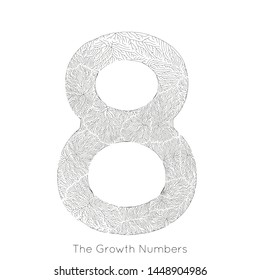 Vector generative branch growth number 8. Lichen like organic structure with veins form number shape. Monocrome biological net of vessels as eight.