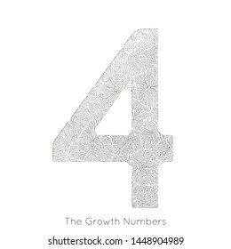 Vector generative branch growth number 4. Lichen like organic structure with veins form number shape. Monocrome biological net of vessels as four.