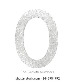 Vector generative branch growth number 0. Lichen like organic structure with veins form number shape. Monocrome biological net of vessels as zero.