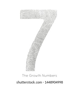 Vector generative branch growth number 7. Lichen like organic structure with veins form number shape. Monocrome biological net of vessels as seven.
