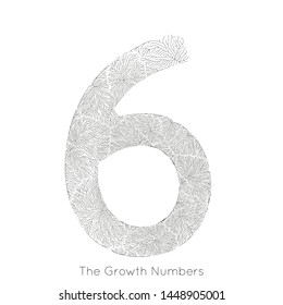 Vector generative branch growth number 6. Lichen like organic structure with veins form number shape. Monocrome biological net of vessels as six.
