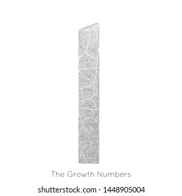 Vector generative branch growth number 1. Lichen like organic structure with veins form number shape. Monocrome biological net of vessels as one.