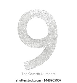 Vector generative branch growth number 9. Lichen like organic structure with veins form number shape. Monocrome biological net of vessels as nine.