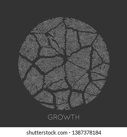 Vector generative branch growth pattern. Round cracked texture. Lichen like organic structure with veins. Monocrome round biological net of vessels