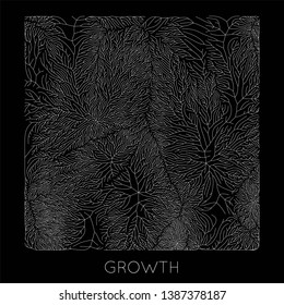 Vector generative branch growth pattern. Square texture. Lichen like organic structure with veins. Monocrome square biological net of vessels