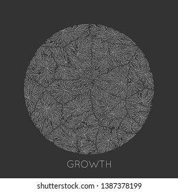 Vector generative branch growth pattern. Round texture. Lichen like organic structure with veins. Monocrome round biological net of vessels