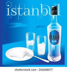 Vector generic bottle of national Turkish drink Raki with glasses and a plate of white cheese  poster design