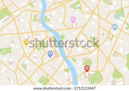 Vector Generic city map. navigator screen with parks and river. Downtown gps navigation plan.