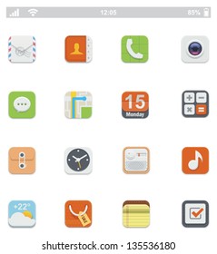 Vector generic mobile smartphone or tablet operating system user interface icon set. Includes e-mail, contacts, phone, camera, sms, maps, calendar, weather, notepad and other applications symbols