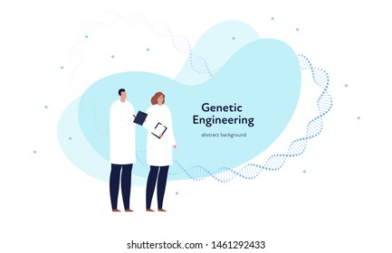 Vector Genetic Character Banner Template. Blue Shape, Gene Dna Spiral And Medical Scientist Team On White Background. Design Element For Healthcare, Medicine, Science, Clinic, Therapy, Research