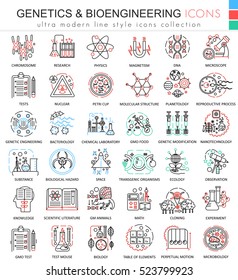 Vector Genetics and biochemistry color flat line outline icons for apps and web design. Genetics chemical high technology elements icons