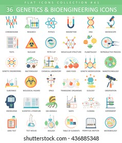 Vector Genetics and bioengineering flat icon set. Elegant style design. Microbiology concept.