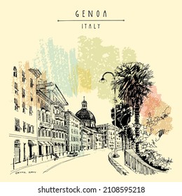 Vector Genoa, Liguria, Italy, Europe postcard. Beautiful old buildings and palm trees along the street. Travel sketch. Artistic hand drawn vintage book illustration, touristic postcard, poster drawing