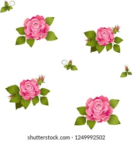 Vector gentle background with watercolor roses and leaves. Seamless, festive, wedding, romantic. Drawn by hand. Wedding pattern for lovers. Ornament to print. Pink tender buds with leaves. Spring card