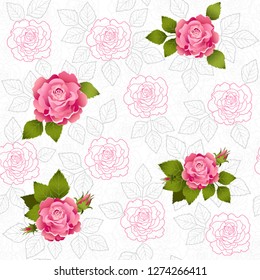 Vector gentle background with watercolor roses and leaves. Seamless, festive, wedding, romantic. Drawn by hand. Wedding pattern for lovers. Ornament to print. Pink tender buds with leaves. Spring card