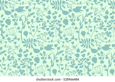 Vector gentle design in pastel colors. Floral seamless pattern with berries, leaves, flowers, birds