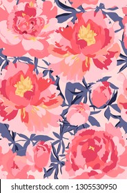 Vector gentle floral pattern of blossoming peonies