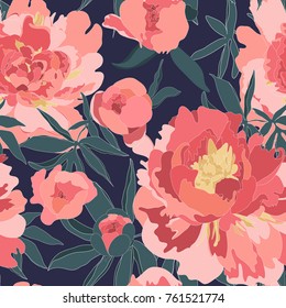 Vector gentle floral seamless pattern of blossoming peonies