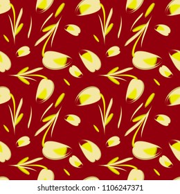 Vector gentle flowers and ocher tulips on a claret background. For paper and fabrics.
