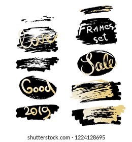 Vector gentle gold and black paint smear stroke set with lettering. Abstract black glittering art illustration. Hand drawn brush strokes vector design elements. Sale love 2019 Good Eps-8