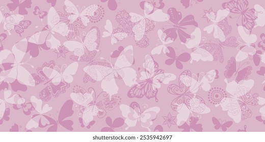 Vector gentle pastel seamless hand drawn floral pink pattern with butterflies	
