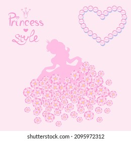 Vector gentle romantic illustration - a silhouette of a beautiful fairy-tale princess in a skirt made of flowers, the inscription princess style on a pink background, a volumetric heart of pearls.