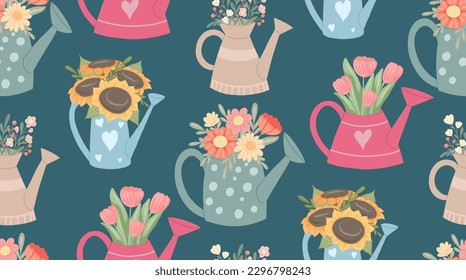 Vector gentle seamless pattern with garden watering cans and floral bouquets on dark blue background. Pastel flat hand drawn background. Summer texture with original vases with flowers for fabric