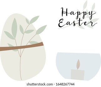 Vector gentle set for Easter holiday. Cute easter egg with leaves, candle. Eco decoration. Perfect for textile, wrapping paper, packaging design, card, invitation