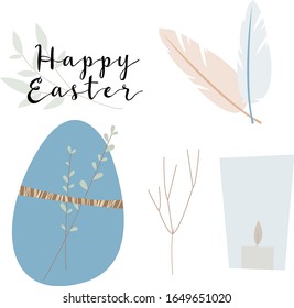 Vector gentle set for Easter holiday. Cute easter egg witn branch, feathers. Eco decoration. Perfect for textile, wrapping paper, packaging design, card, invitation