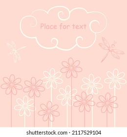 Vector gentle spring, summer illustration, greeting card, invitation with place for text - outlines of simple stylized flowers, openwork patterned dragonflies, in the outline of a cloud place for text