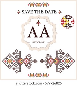 Vector gentle wedding card template with elements of hearts. Typography card, image with lettering. Save the date. Vector illustration