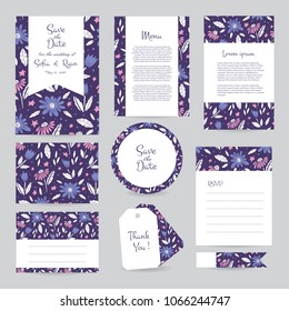 Vector gentle wedding cards template with flower design. Wedding invitation or save the date, RSVP, menu and thank you card for bridal design. Vector set of postcard with floral decoration.