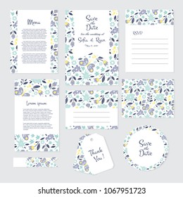 Vector gentle wedding cards template with flower design. Wedding invitation or save the date, RSVP, menu and thank you card for bridal design. Vector set of postcard with floral decoration.