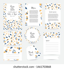 Vector gentle wedding cards template in Scandinavian and Folk Art style. Wedding invitation or save the date, RSVP, menu and thank you card for bridal design. 