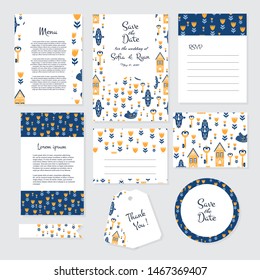 Vector gentle wedding cards template in Scandinavian and Folk Art style. Wedding invitation or save the date, RSVP, menu and thank you card for bridal design. Postcard with floral decoration.