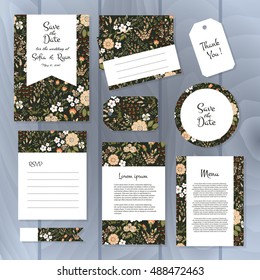 Vector gentle wedding cards template with flower design. Wedding invitation or save the date, RSVP, menu and thank you card for bridal design. Vector set of  postcard with floral decoration.