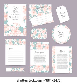 Vector gentle wedding cards template with flower design. Wedding invitation or save the date, RSVP, menu and thank you card for bridal design. Vector set of  postcard with floral decoration.