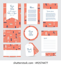 Vector gentle wedding cards template with hipster ethno design. Wedding invitation or save the date, RSVP, menu and thank you card for bridal design. Vector set of  postcard with geometric decoration.