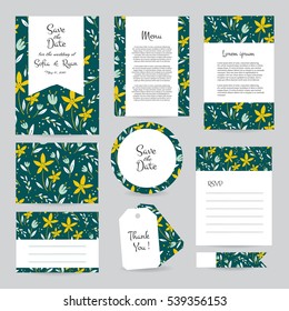 Vector gentle wedding cards template with flower design. Wedding invitation or save the date, RSVP, menu and thank you card for bridal design. Vector set of postcard with floral decoration.